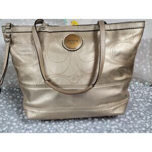 Coach F18877 Gold Metallic Signature Stripe Stitch Leather Tote